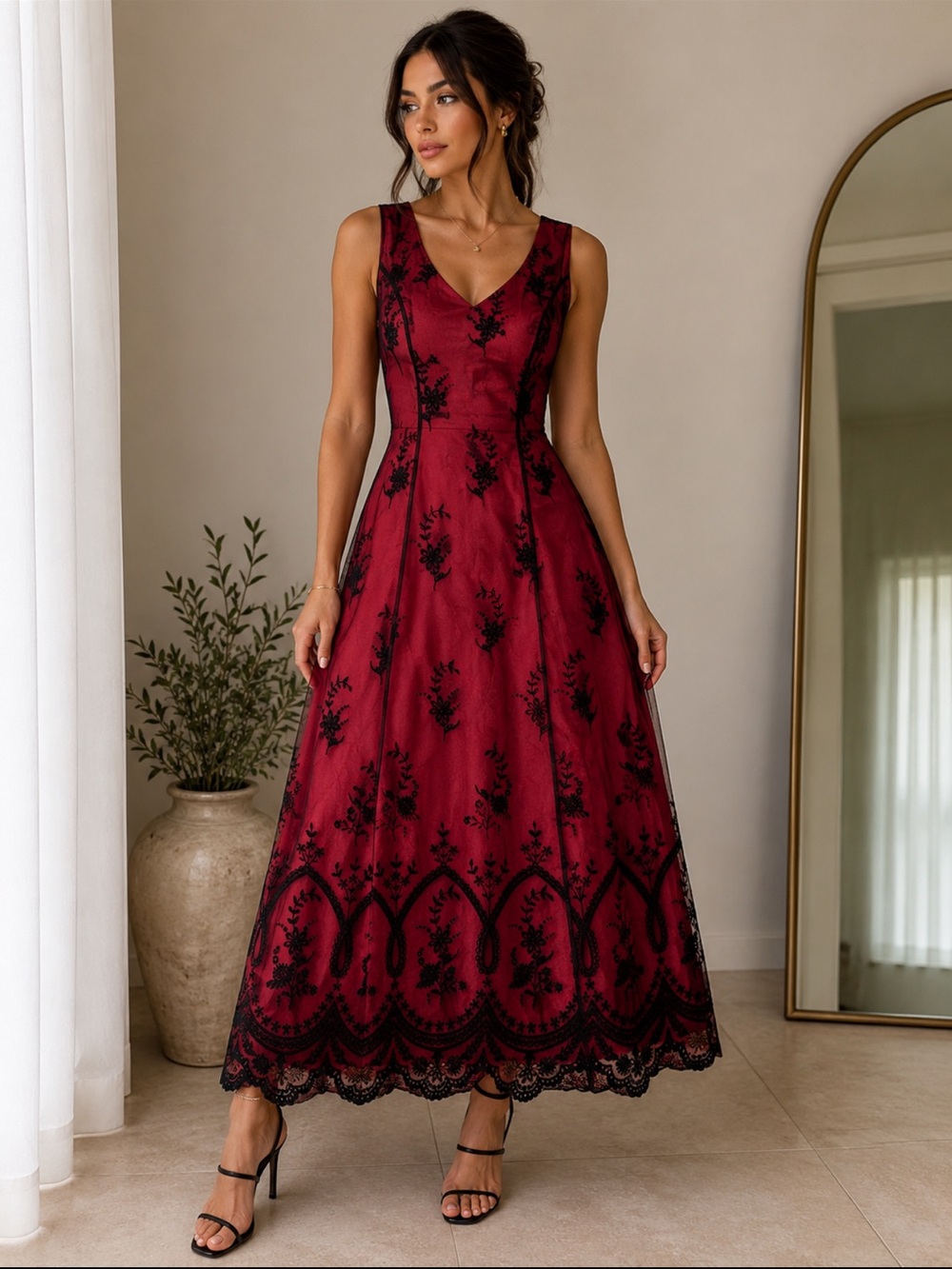 Coldwater Creek Burgundy and Black V-Neck Maxi Dress